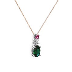 Oval Taşlı X kolye - Yeşil kuvars ve rodolit garnet 925 ayar gümüş kolye (40 cm rose altın rolo zincir) #6q5j5v