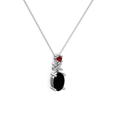 Oval Taşlı X kolye - Siyah zirkon ve garnet 18 ayar beyaz altın kolye (40 cm gümüş rolo zincir) #70q4zg