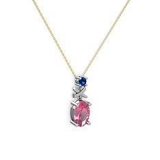 Pembe kuvars ve lab safir 14 ayar beyaz altın kolye (40 cm gümüş rolo zincir)