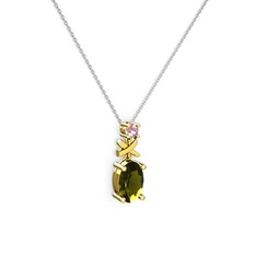 Oval Taşlı X kolye - Peridot ve pembe kuvars 18 ayar altın kolye (40 cm beyaz altın rolo zincir) #7ca00z