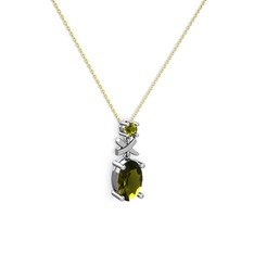 Oval Taşlı X kolye - Peridot 8 ayar beyaz altın kolye (40 cm altın rolo zincir) #7ydvaf