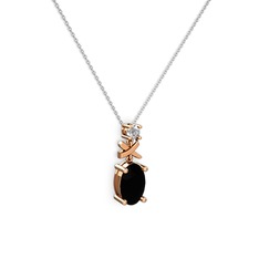Oval Taşlı X kolye - Siyah zirkon ve pırlanta 8 ayar rose altın kolye (0.24 karat, 40 cm beyaz altın rolo zincir) #7zqn7f