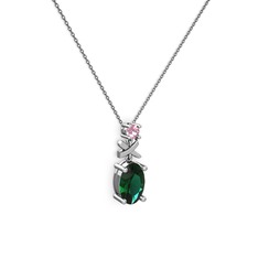 Oval Taşlı X kolye - Yeşil kuvars ve pembe kuvars 8 ayar beyaz altın kolye (40 cm gümüş rolo zincir) #88dk7o