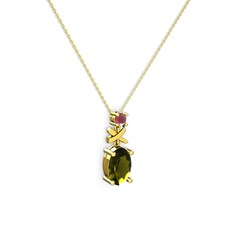Oval Taşlı X kolye - Peridot ve kök yakut 8 ayar altın kolye (40 cm altın rolo zincir) #89owbo
