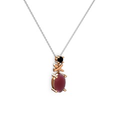 Oval Taşlı X kolye - Kök yakut ve siyah zirkon 8 ayar rose altın kolye (40 cm beyaz altın rolo zincir) #8s7fi7