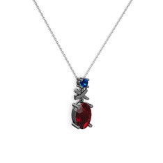 Garnet ve lab safir 925 ayar siyah rodyum kaplama gümüş kolye (40 cm beyaz altın rolo zincir)