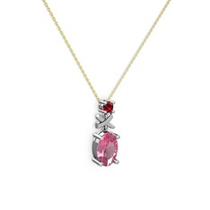 Pembe kuvars ve garnet 18 ayar beyaz altın kolye (40 cm altın rolo zincir)