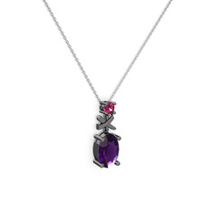 Oval Taşlı X kolye - Ametist ve rodolit garnet 925 ayar siyah rodyum kaplama gümüş kolye (40 cm beyaz altın rolo zincir) #9a3bco