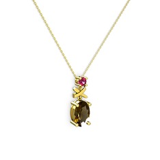 Oval Taşlı X kolye - Dumanlı kuvars ve rodolit garnet 14 ayar altın kolye (40 cm altın rolo zincir) #9bis0z