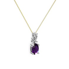 Oval Taşlı X kolye - Ametist ve swarovski 14 ayar beyaz altın kolye (40 cm gümüş rolo zincir) #9ctr4x