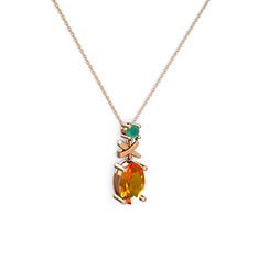 Oval Taşlı X kolye - Sitrin ve kök zümrüt 925 ayar rose altın kaplama gümüş kolye (40 cm gümüş rolo zincir) #9tetv7