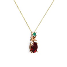 Garnet ve kök zümrüt 18 ayar rose altın kolye (40 cm gümüş rolo zincir)
