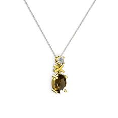 Oval Taşlı X kolye - Dumanlı kuvars ve pırlanta 925 ayar altın kaplama gümüş kolye (0.24 karat, 40 cm beyaz altın rolo zincir) #9ujp7a