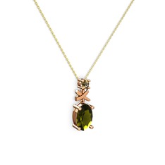 Oval Taşlı X kolye - Peridot ve dumanlı kuvars 8 ayar rose altın kolye (40 cm gümüş rolo zincir) #9z6b0q
