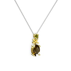 Oval Taşlı X kolye - Dumanlı kuvars ve peridot 14 ayar altın kolye (40 cm beyaz altın rolo zincir) #9zv57b