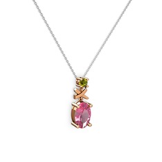 Oval Taşlı X kolye - Pembe kuvars ve peridot 925 ayar rose altın kaplama gümüş kolye (40 cm gümüş rolo zincir) #a9gyo0