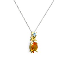 Oval Taşlı X kolye - Sitrin ve akuamarin 18 ayar altın kolye (40 cm beyaz altın rolo zincir) #af514l