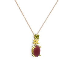 Oval Taşlı X kolye - Kök yakut ve peridot 18 ayar altın kolye (40 cm rose altın rolo zincir) #afc4i4