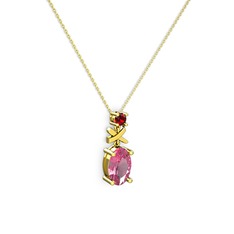 Oval Taşlı X kolye - Pembe kuvars ve garnet 8 ayar altın kolye (40 cm altın rolo zincir) #b5rs0i