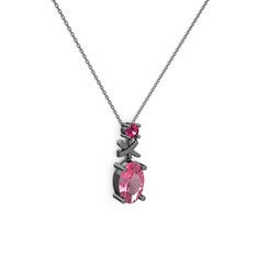 Oval Taşlı X kolye - Pembe kuvars ve rodolit garnet 925 ayar siyah rodyum kaplama gümüş kolye (40 cm gümüş rolo zincir) #bh9od2