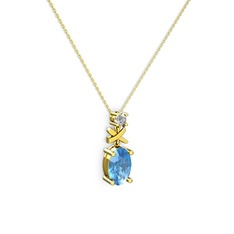 Oval Taşlı X kolye - Akuamarin ve beyaz zirkon 8 ayar altın kolye (40 cm altın rolo zincir) #bmi5gq