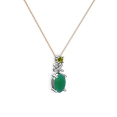 Oval Taşlı X kolye - Kök zümrüt ve peridot 14 ayar beyaz altın kolye (40 cm rose altın rolo zincir) #bts2vp
