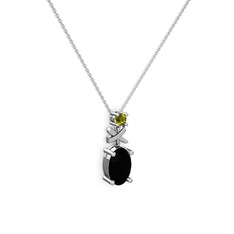 Oval Taşlı X kolye - Siyah zirkon ve peridot 8 ayar beyaz altın kolye (40 cm beyaz altın rolo zincir) #c13vnq