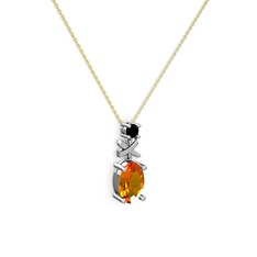 Oval Taşlı X kolye - Sitrin ve siyah zirkon 18 ayar beyaz altın kolye (40 cm altın rolo zincir) #cn7xzg