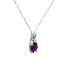 Oval Taşlı X kolye - Ametist ve pırlanta 14 ayar beyaz altın kolye (0.24 karat, 40 cm beyaz altın rolo zincir) #ct60a2