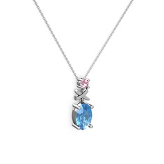 Oval Taşlı X kolye - Akuamarin ve pembe kuvars 8 ayar beyaz altın kolye (40 cm beyaz altın rolo zincir) #d59ic8