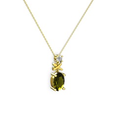 Oval Taşlı X kolye - Peridot ve beyaz zirkon 925 ayar altın kaplama gümüş kolye (40 cm altın rolo zincir) #ekex7x