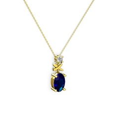 Oval Taşlı X kolye - Lab safir ve pırlanta 14 ayar altın kolye (0.24 karat, 40 cm altın rolo zincir) #eyh7ak