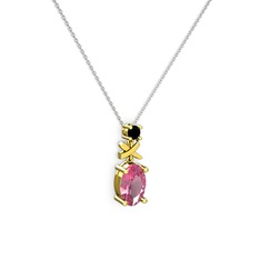 Oval Taşlı X kolye - Pembe kuvars ve siyah zirkon 925 ayar altın kaplama gümüş kolye (40 cm beyaz altın rolo zincir) #f5f9oe