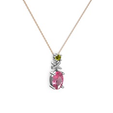 Oval Taşlı X kolye - Pembe kuvars ve peridot 8 ayar beyaz altın kolye (40 cm gümüş rolo zincir) #f66rdg