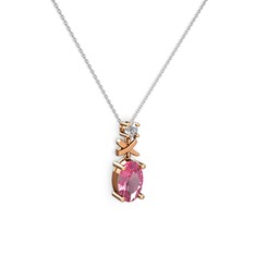 Oval Taşlı X kolye - Pembe kuvars ve pırlanta 14 ayar rose altın kolye (0.24 karat, 40 cm beyaz altın rolo zincir) #fkyp1b