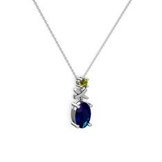 Oval Taşlı X kolye - Lab safir ve peridot 14 ayar beyaz altın kolye (40 cm beyaz altın rolo zincir) #fwbv84