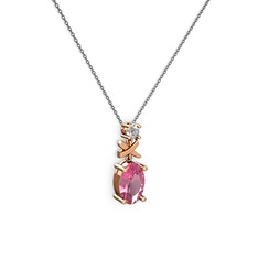 Oval Taşlı X kolye - Pembe kuvars ve pırlanta 18 ayar rose altın kolye (0.24 karat, 40 cm gümüş rolo zincir) #fygjo5
