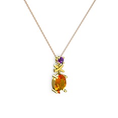 Oval Taşlı X kolye - Sitrin ve ametist 925 ayar altın kaplama gümüş kolye (40 cm rose altın rolo zincir) #g5eume