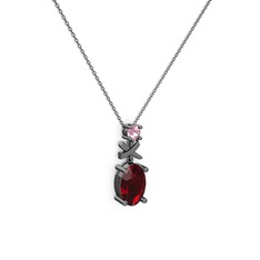 Oval Taşlı X kolye - Garnet ve pembe kuvars 925 ayar siyah rodyum kaplama gümüş kolye (40 cm gümüş rolo zincir) #g6zn2j
