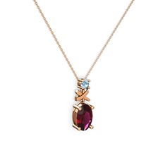 Oval Taşlı X kolye - Rodolit garnet ve akuamarin 14 ayar rose altın kolye (40 cm gümüş rolo zincir) #h37vfk