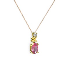 Oval Taşlı X kolye - Pembe kuvars ve swarovski 14 ayar altın kolye (40 cm gümüş rolo zincir) #h3lm6t