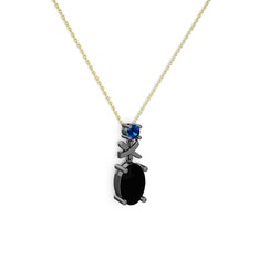 Oval Taşlı X kolye - Siyah zirkon ve lab safir 925 ayar siyah rodyum kaplama gümüş kolye (40 cm gümüş rolo zincir) #h55vm9