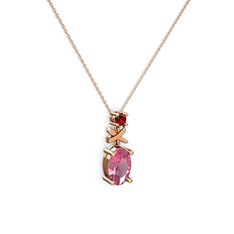 Oval Taşlı X kolye - Pembe kuvars ve garnet 14 ayar rose altın kolye (40 cm rose altın rolo zincir) #h94u4p