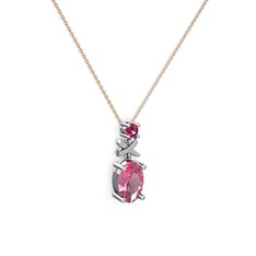 Oval Taşlı X kolye - Pembe kuvars ve rodolit garnet 925 ayar gümüş kolye (40 cm rose altın rolo zincir) #h9t7x7