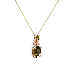 Dumanlı kuvars ve peridot 18 ayar rose altın kolye (40 cm gümüş rolo zincir)