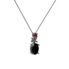 Oval Taşlı X kolye - Siyah zirkon ve garnet 925 ayar siyah rodyum kaplama gümüş kolye (40 cm gümüş rolo zincir) #hiknh1