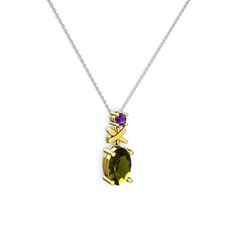 Oval Taşlı X kolye - Peridot ve ametist 18 ayar altın kolye (40 cm gümüş rolo zincir) #hsd74u