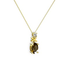 Oval Taşlı X kolye - Dumanlı kuvars ve swarovski 14 ayar altın kolye (40 cm altın rolo zincir) #htthcg
