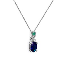 Oval Taşlı X kolye - Lab safir ve kök zümrüt 925 ayar gümüş kolye (40 cm gümüş rolo zincir) #hzix1w