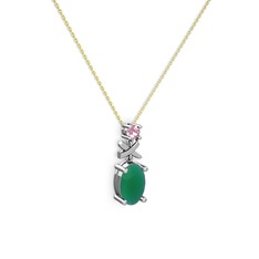 Oval Taşlı X kolye - Kök zümrüt ve pembe kuvars 8 ayar beyaz altın kolye (40 cm altın rolo zincir) #i2quq6